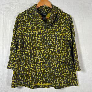 Ali Miles Top Small PETITE Gray Chartreuse Abstract Cowl Turtleneck Patch Pocket